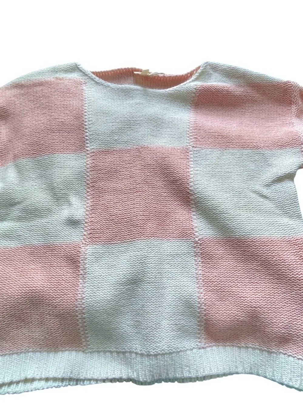 Hem & Thread Blush Pink/Peach Ivory Checkerboard Knit Sweater Sz L NWT - Picture 7 of 11